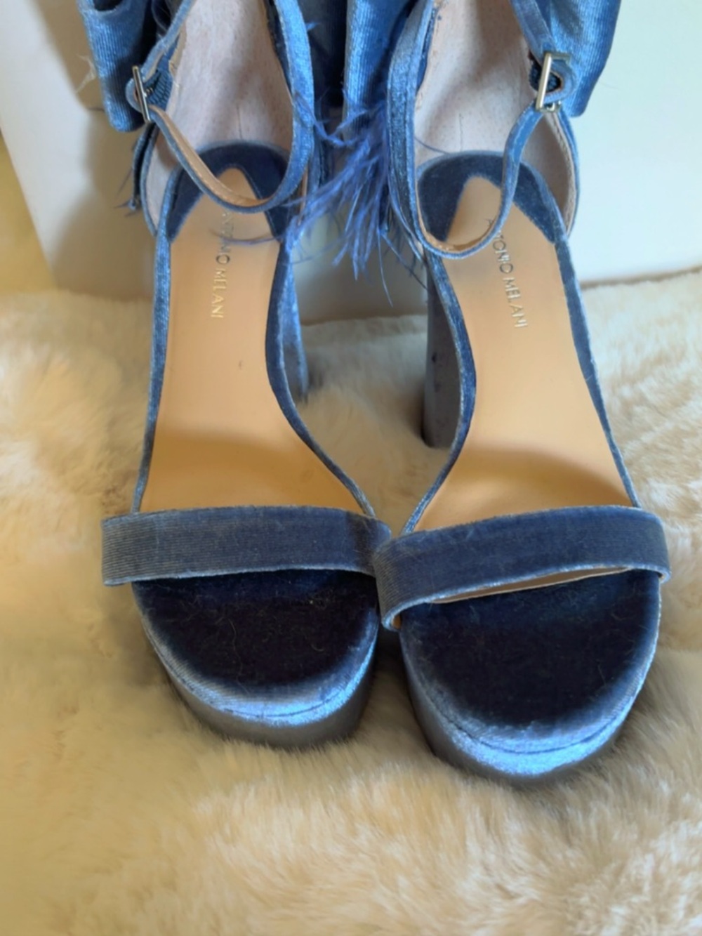 BCBGMaxAzria Blue Velvet Platform Ankle-Strap Heels